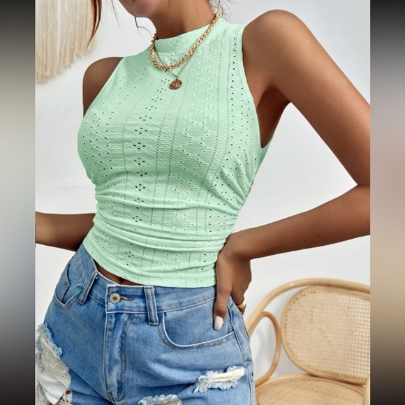 Boho light green fitted eyelet embroidered tank top - Picture 1 of 15